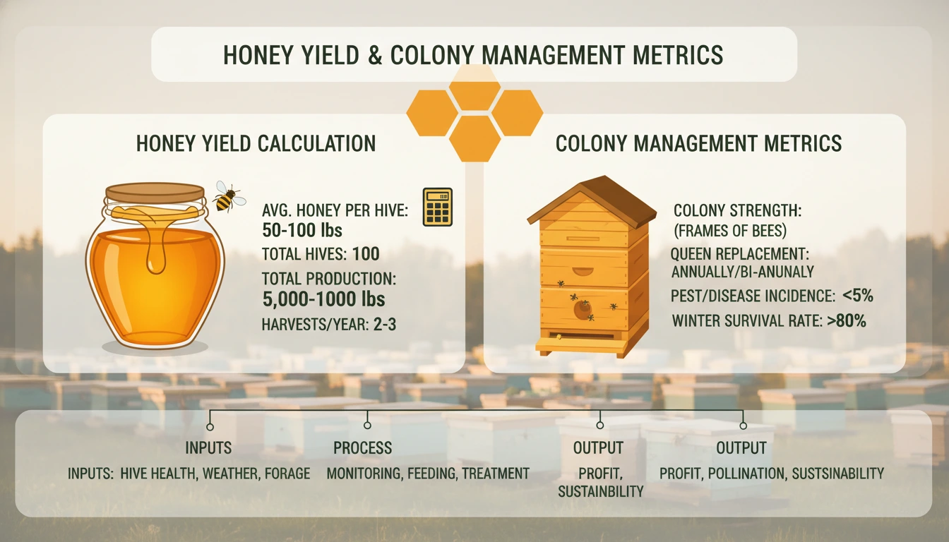 Bee farming production calculation infographic showing honey yield and colony management metrics