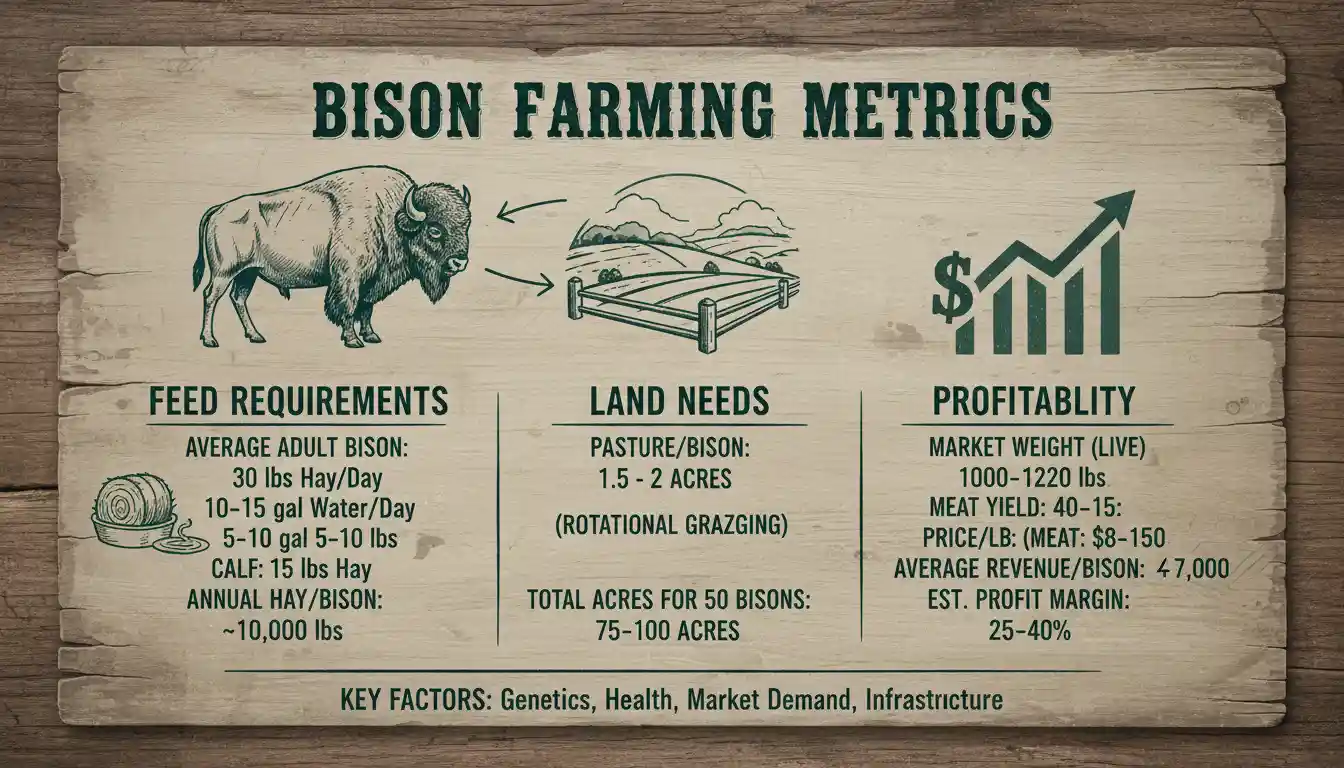 Bison farming calculation infographic showing feed requirements, land needs, and profitability metrics
