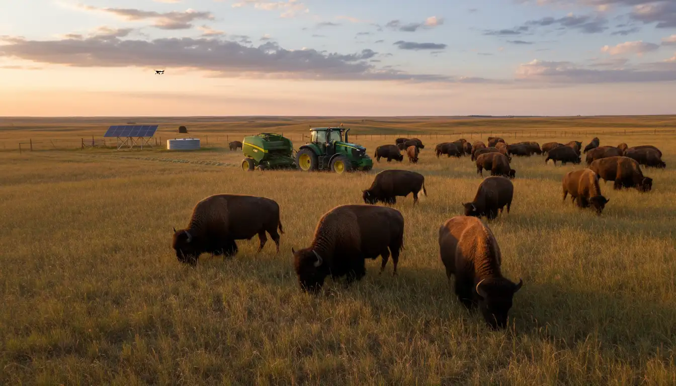 Bison farming hero image showing bison grazing on expansive prairie land with modern farming equipment