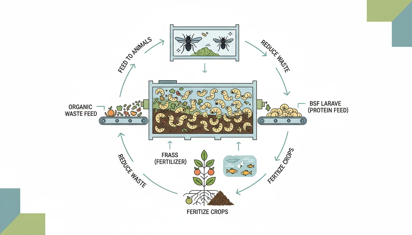 Black Soldier Fly Farming 1 Black Soldier Fly farming infographic showing larvae processing organic waste