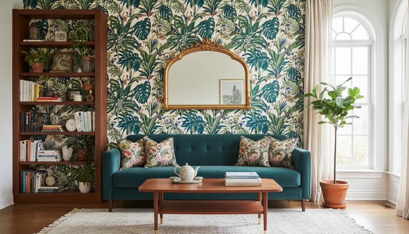 Wallpaper Calculator 3 Botanical wallpaper pattern in living room