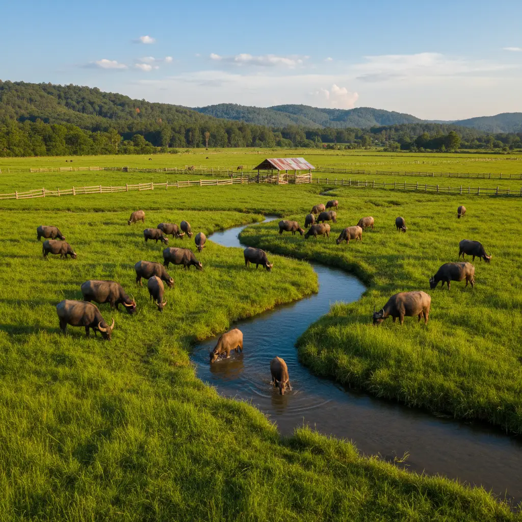 Buffalo Farming - Healthy buffalo herd grazing in green pasture