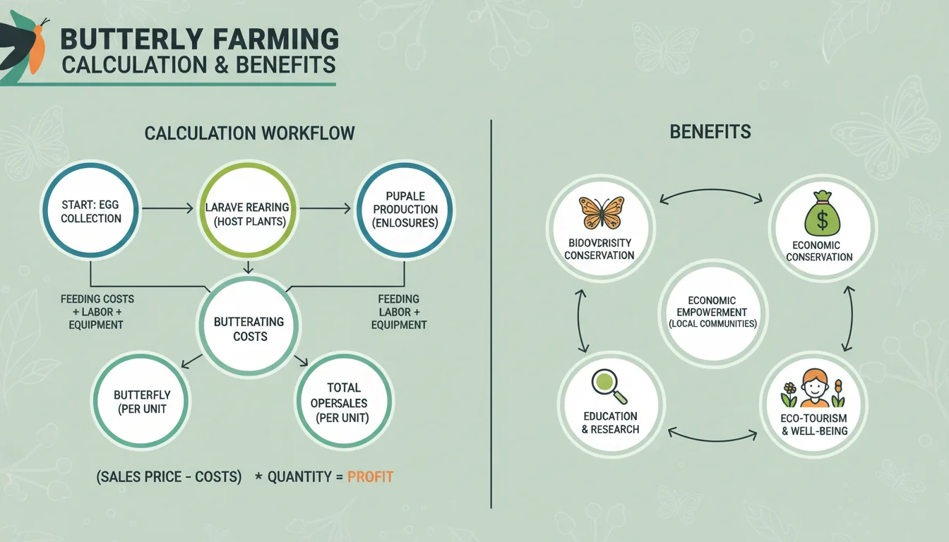 Butterfly Farming 1 Butterfly farming infographic showing calculation workflow and benefits