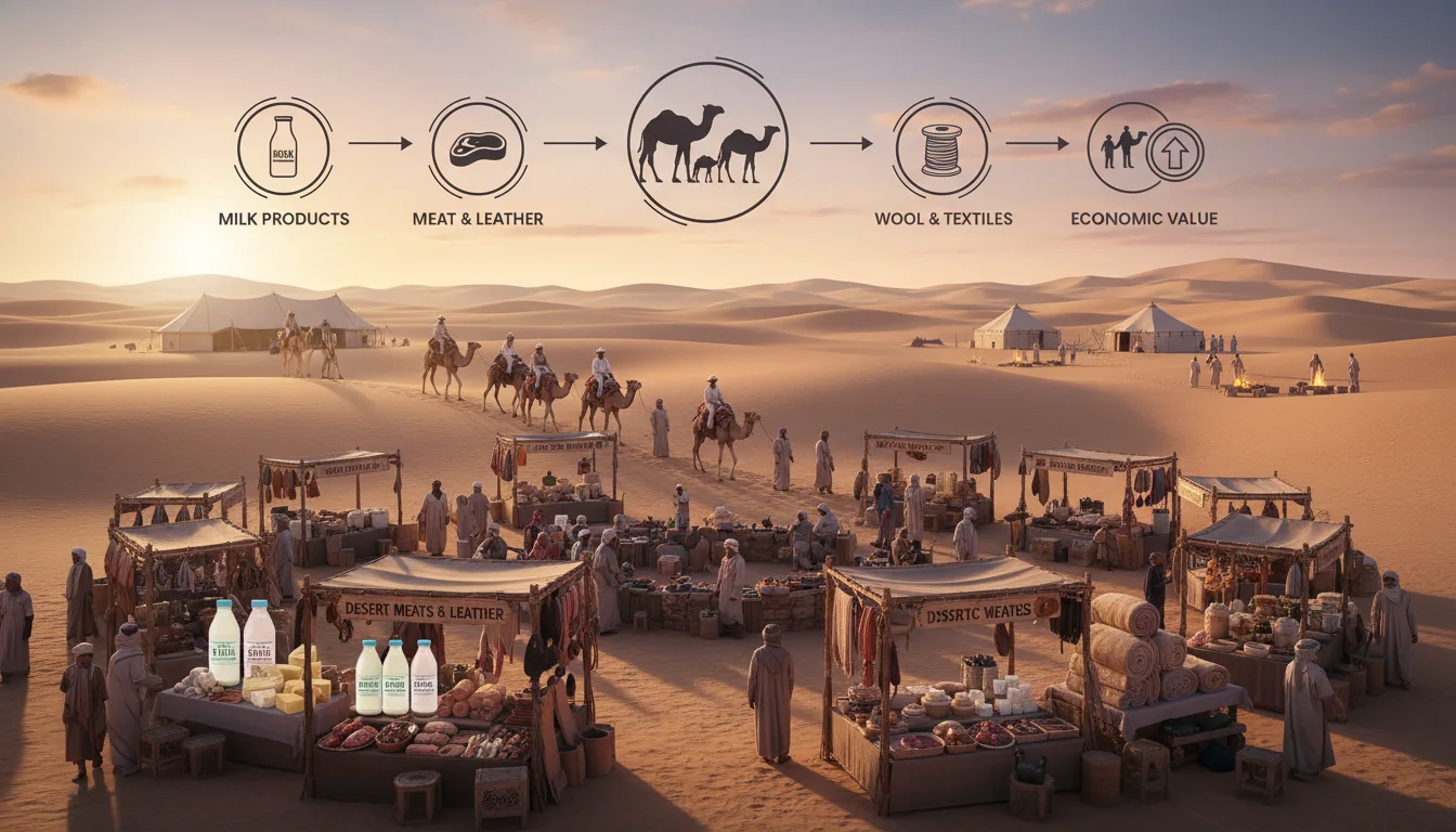 Camel farming economic value chain showing milk, meat, wool, and tourism products