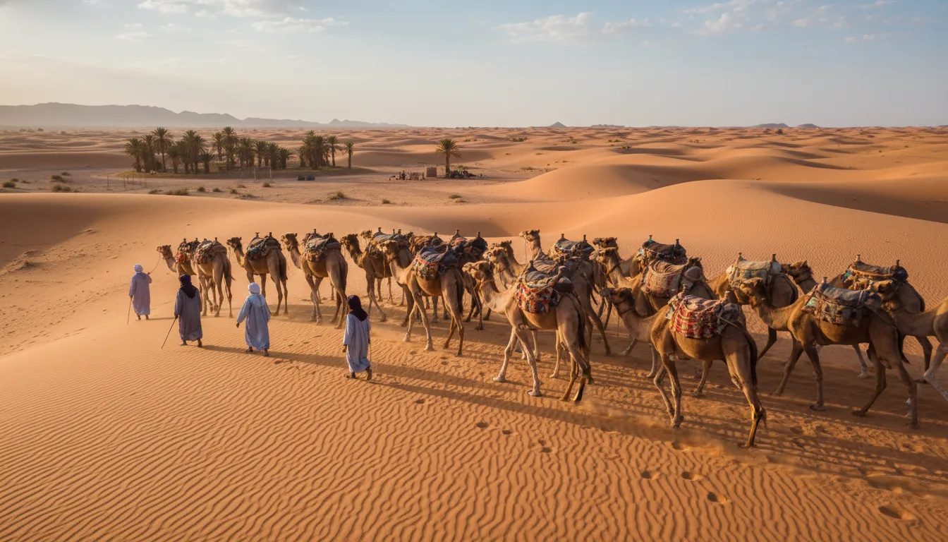 Camel farming herd in desert landscape with traditional caretakers