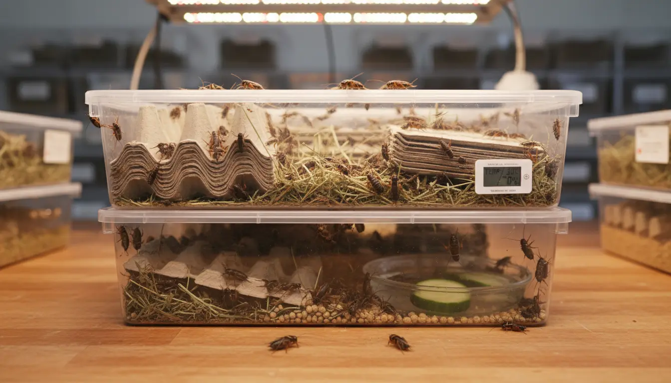 Close-up of crickets in a farming container showing sustainable cricket farming practices