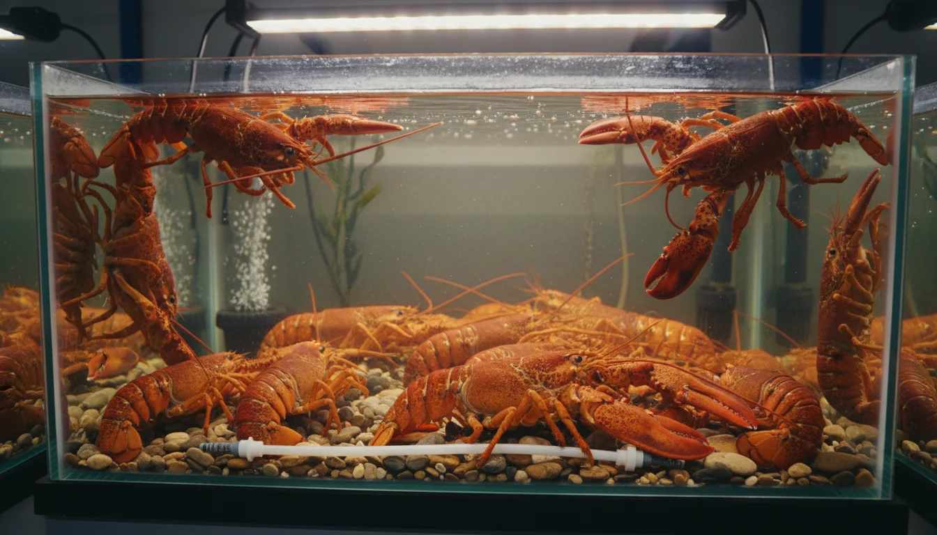 Close-up of lobsters in aquaculture tank showing healthy specimens