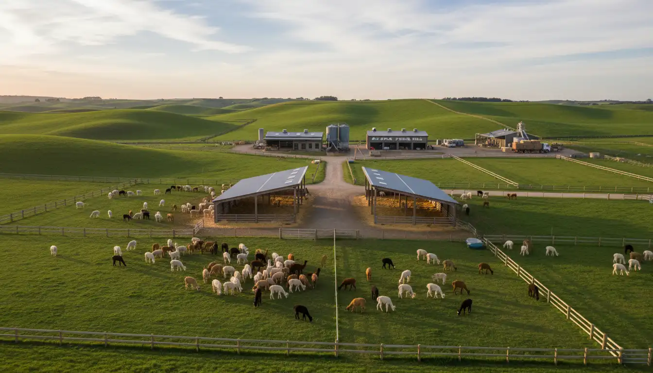 Commercial alpaca farming setup with proper grazing management and shelter systems for optimal fiber production