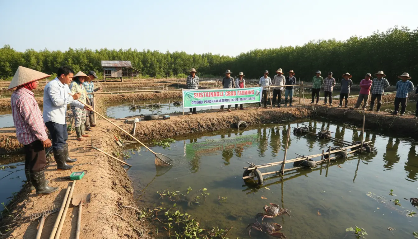 Crab farming demonstration showing proper pond management techniques for optimal crab growth and health