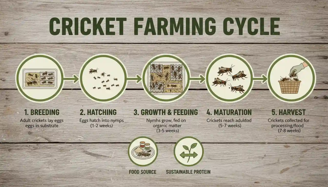Cricket farming process infographic showing stages from breeding to harvest
