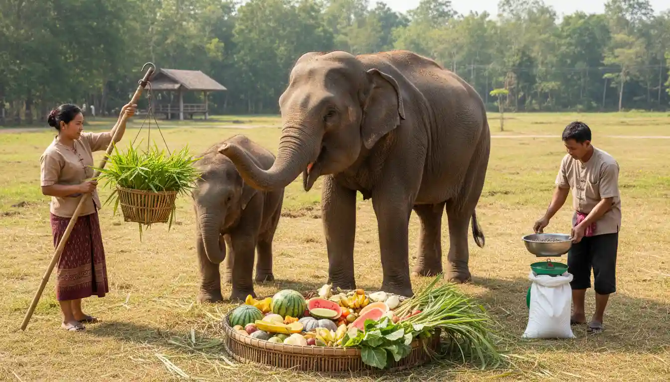 Elephant domestication feeding practices showing proper nutrition management