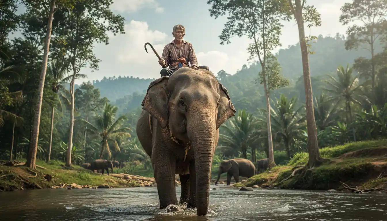 Elephant domestication in practice showing an Asian elephant with caretaker in natural environment