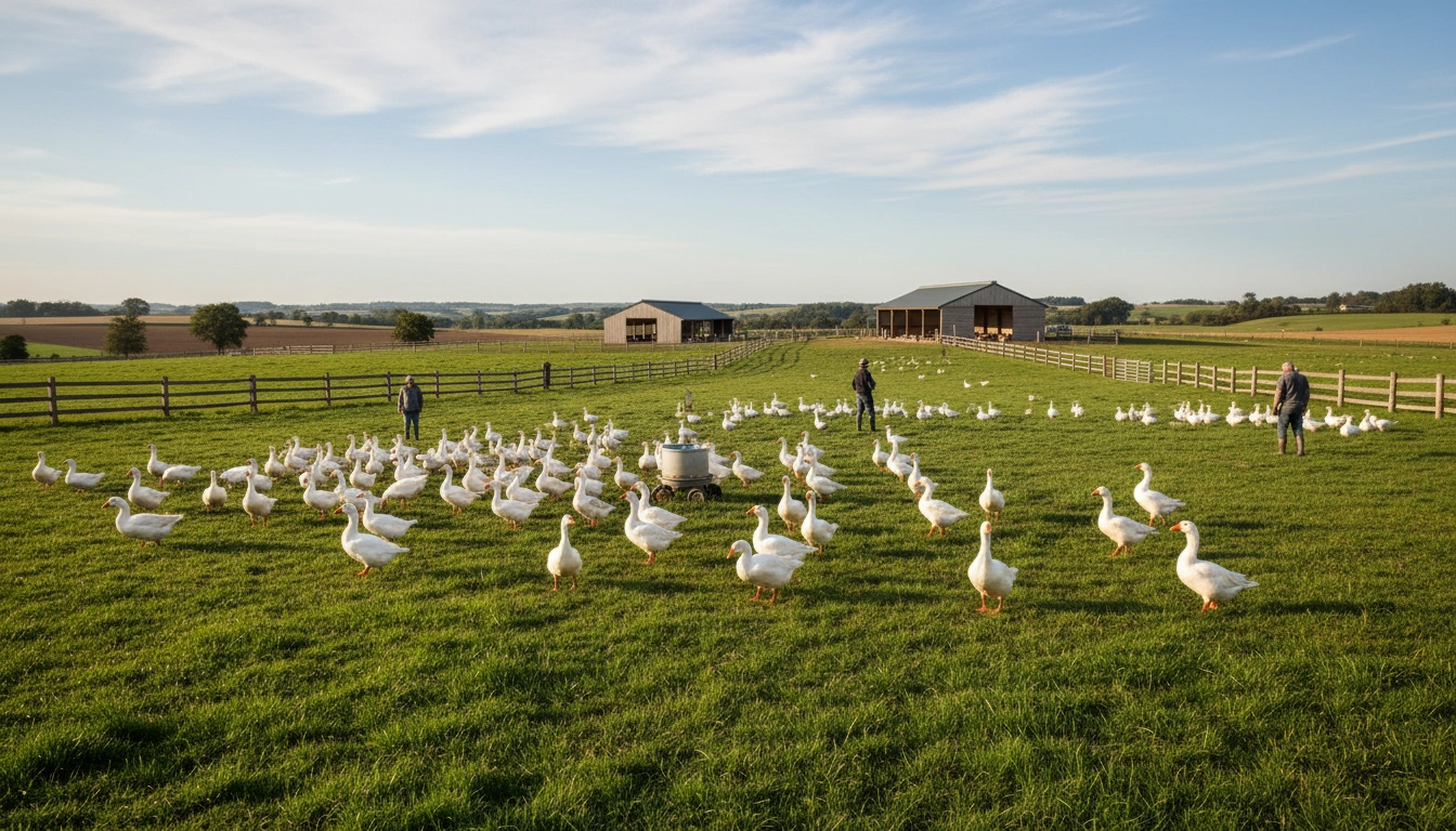 Goose Farming 3 Geese grazing in a pasture on a well-managed Goose Farming operation