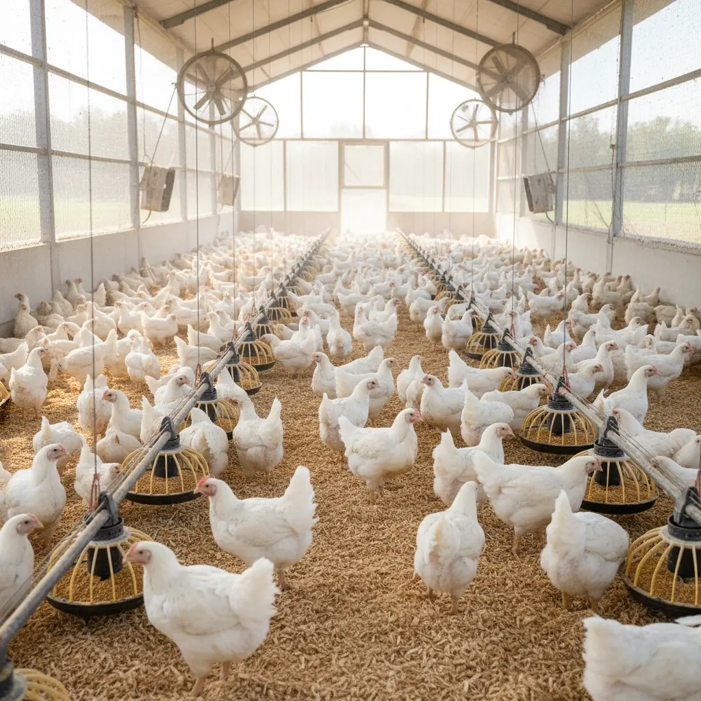 Healthy broiler chickens in a well-ventilated poultry house