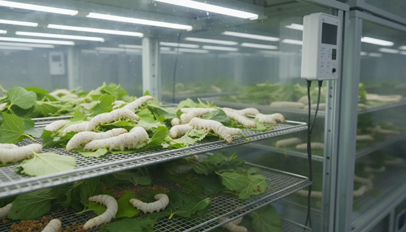 Silkworm farming on mulberry leaves showing healthy silkworms in controlled environment