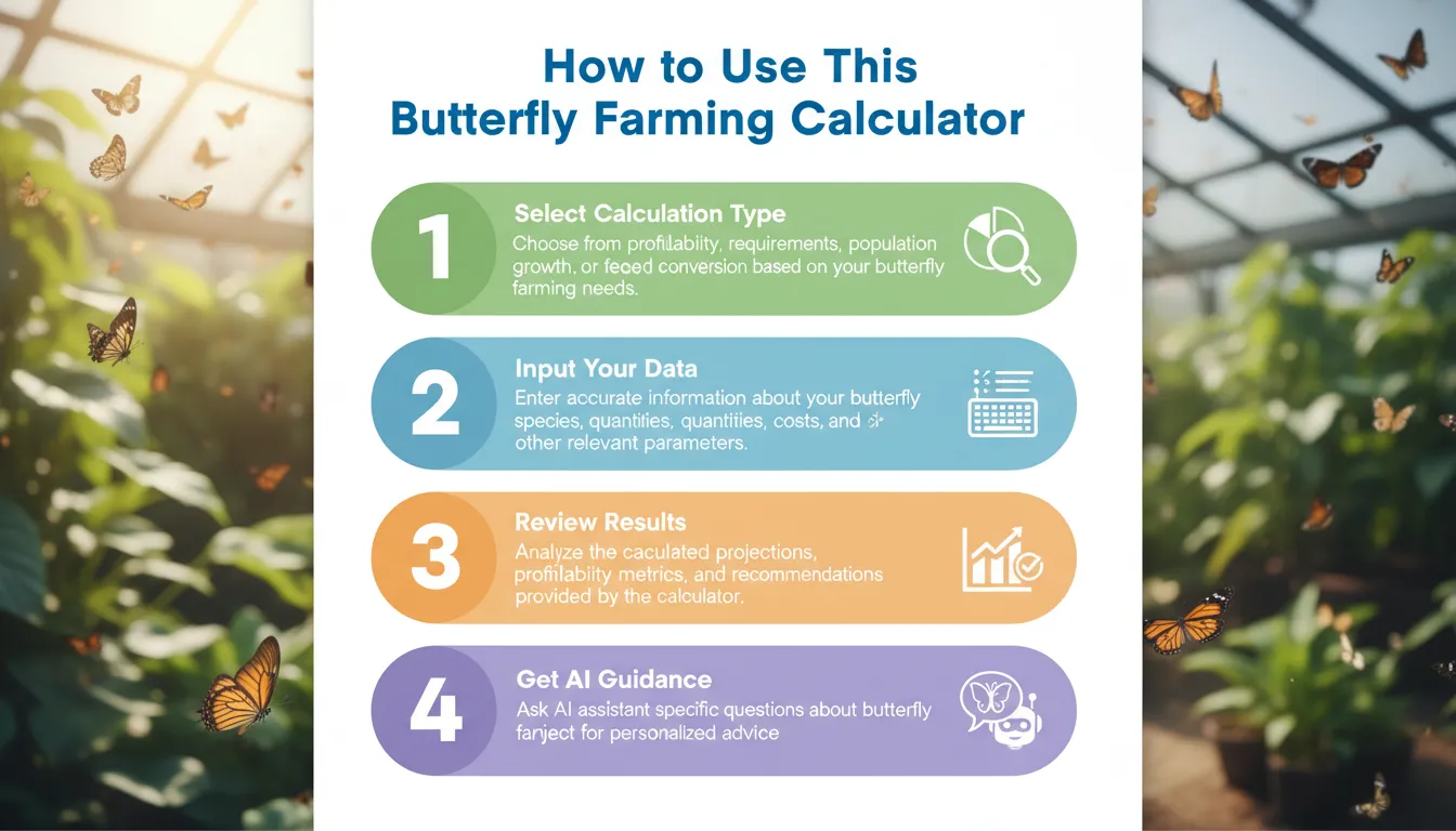 Butterfly Farming 3 Step-by-step visual guide to using the butterfly farming calculator showing input, calculate, results, and plan stages