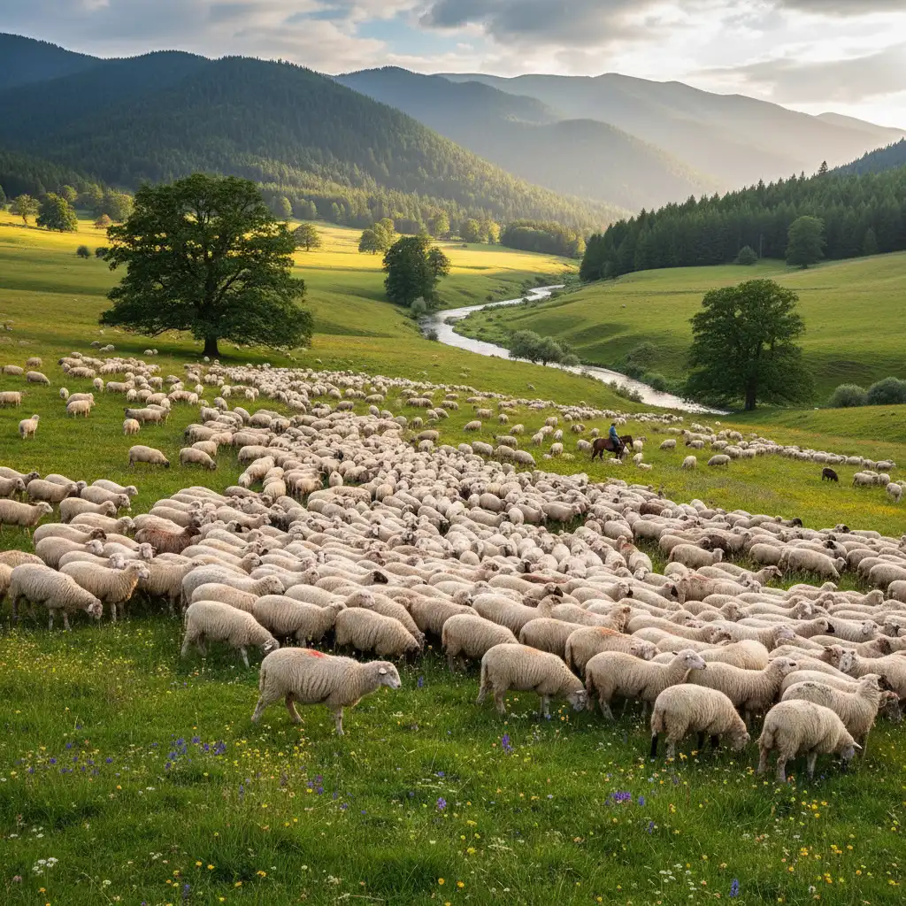 Sheep grazing in green pasture