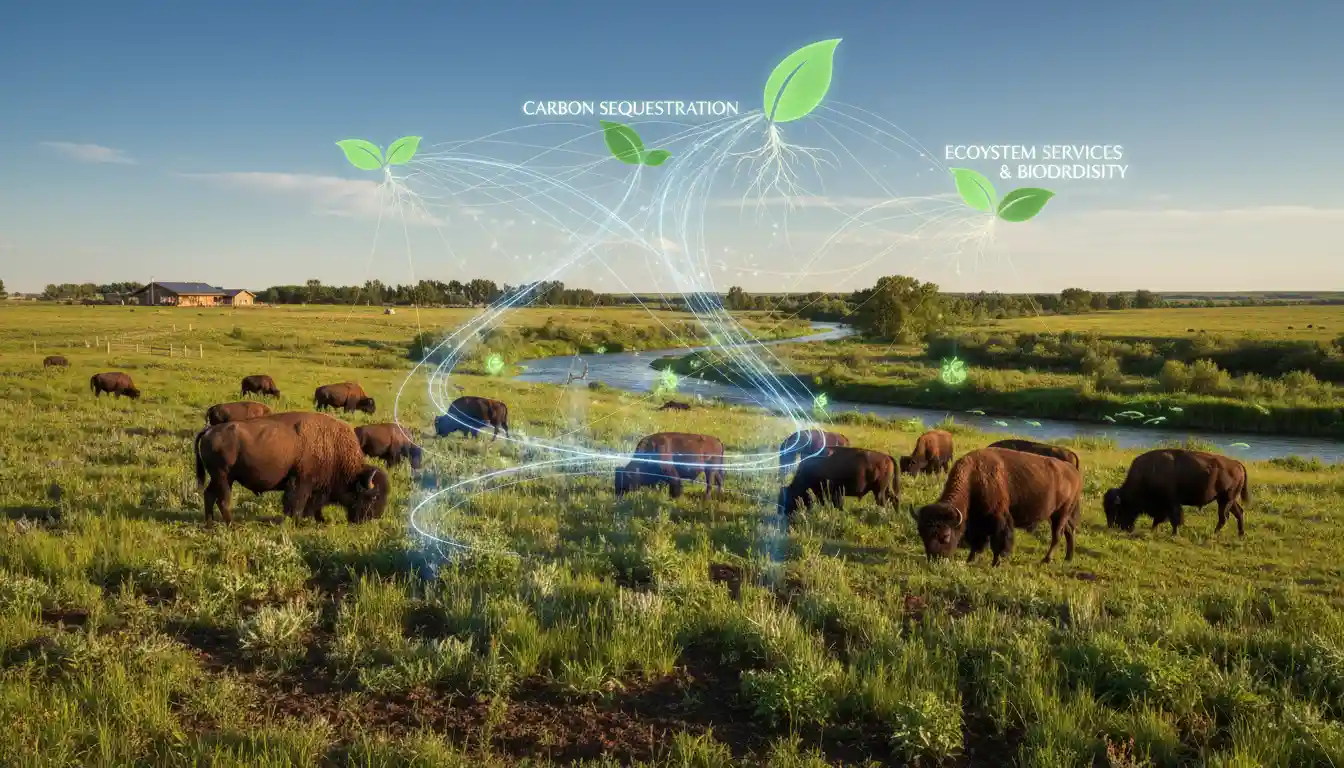 Bison farming sustainability visualization showing carbon sequestration and ecosystem services benefits