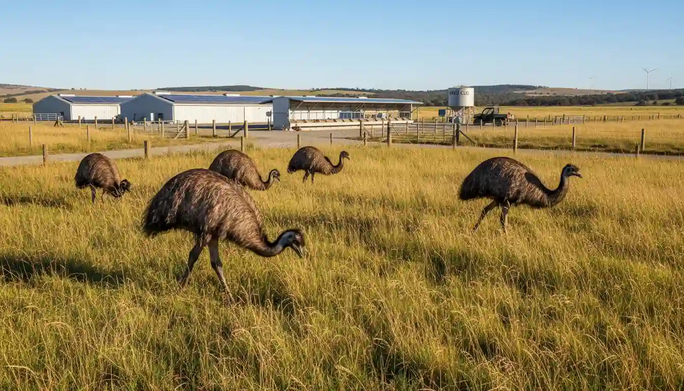 Emu Farming 2 Emu farming landscape showing emus grazing in open fields with modern farm infrastructure