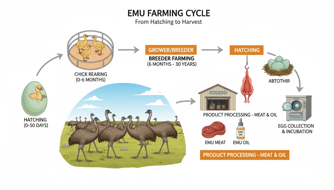 Infographic showing emu farming process from hatching to product processing with key stages highlighted