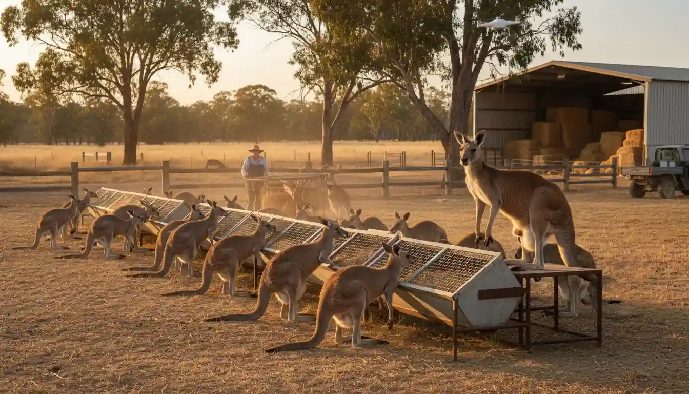 Kangaroo feeding management in ranch setting showing efficient feed utilization