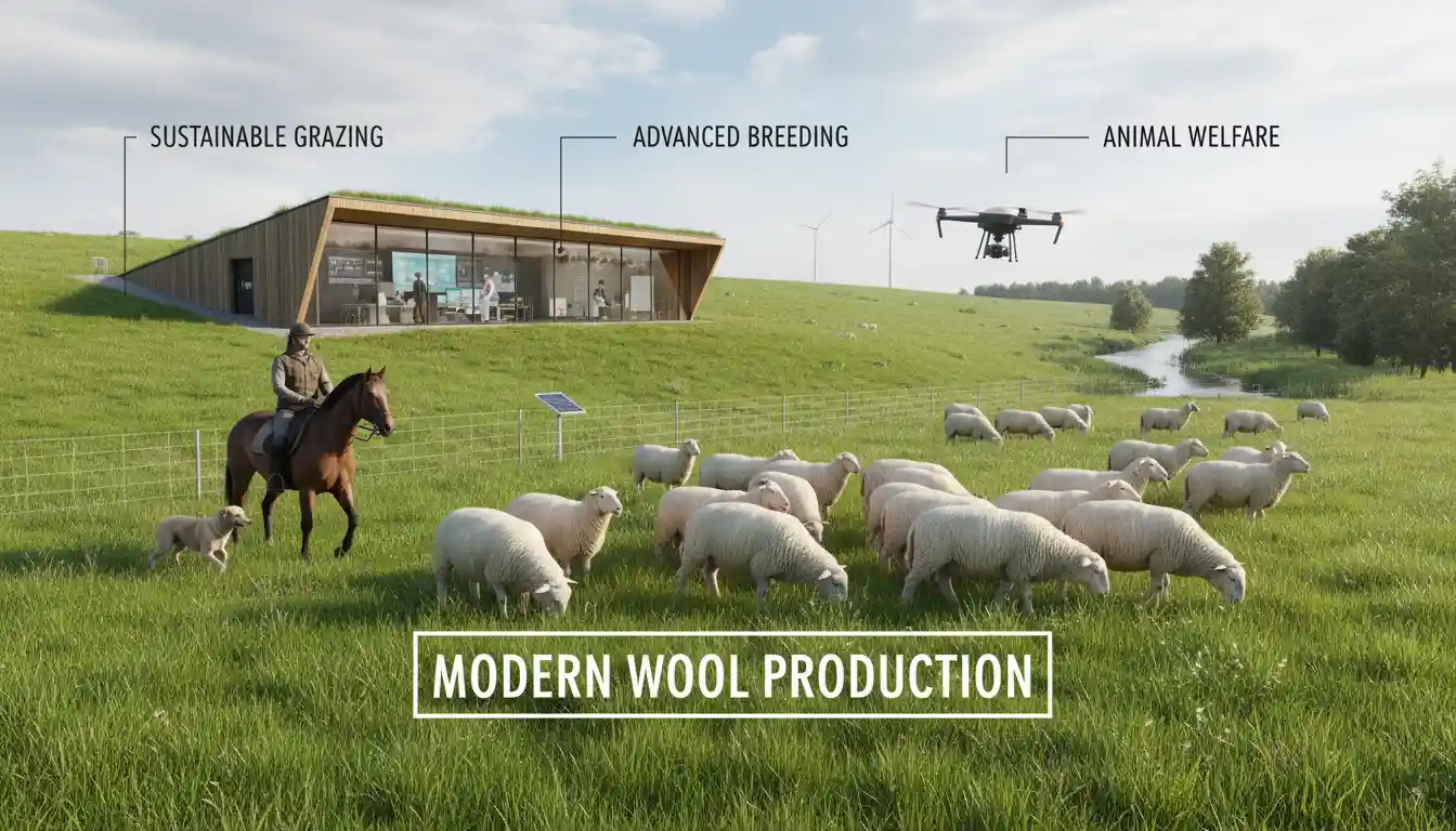 Sustainable wool production farm with healthy sheep grazing in green pasture