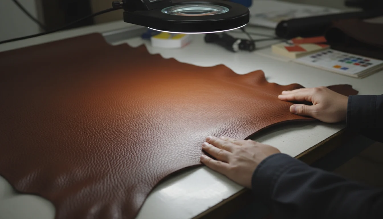 Leather Production 2 Quality inspection of finished leather material showing grain texture and color consistency