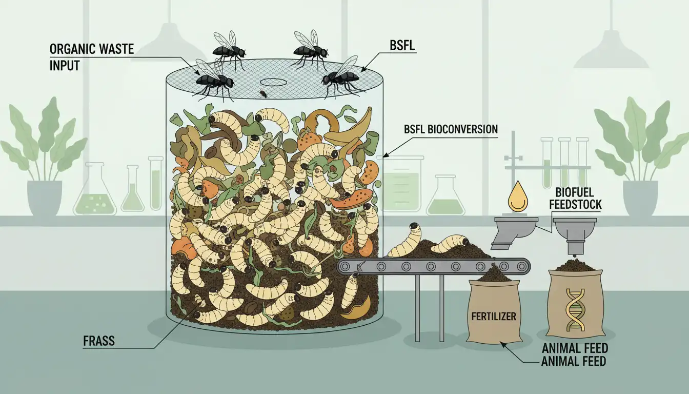 Black Soldier Fly Farming 3 Illustration of Black Soldier Fly larvae converting organic waste into valuable products