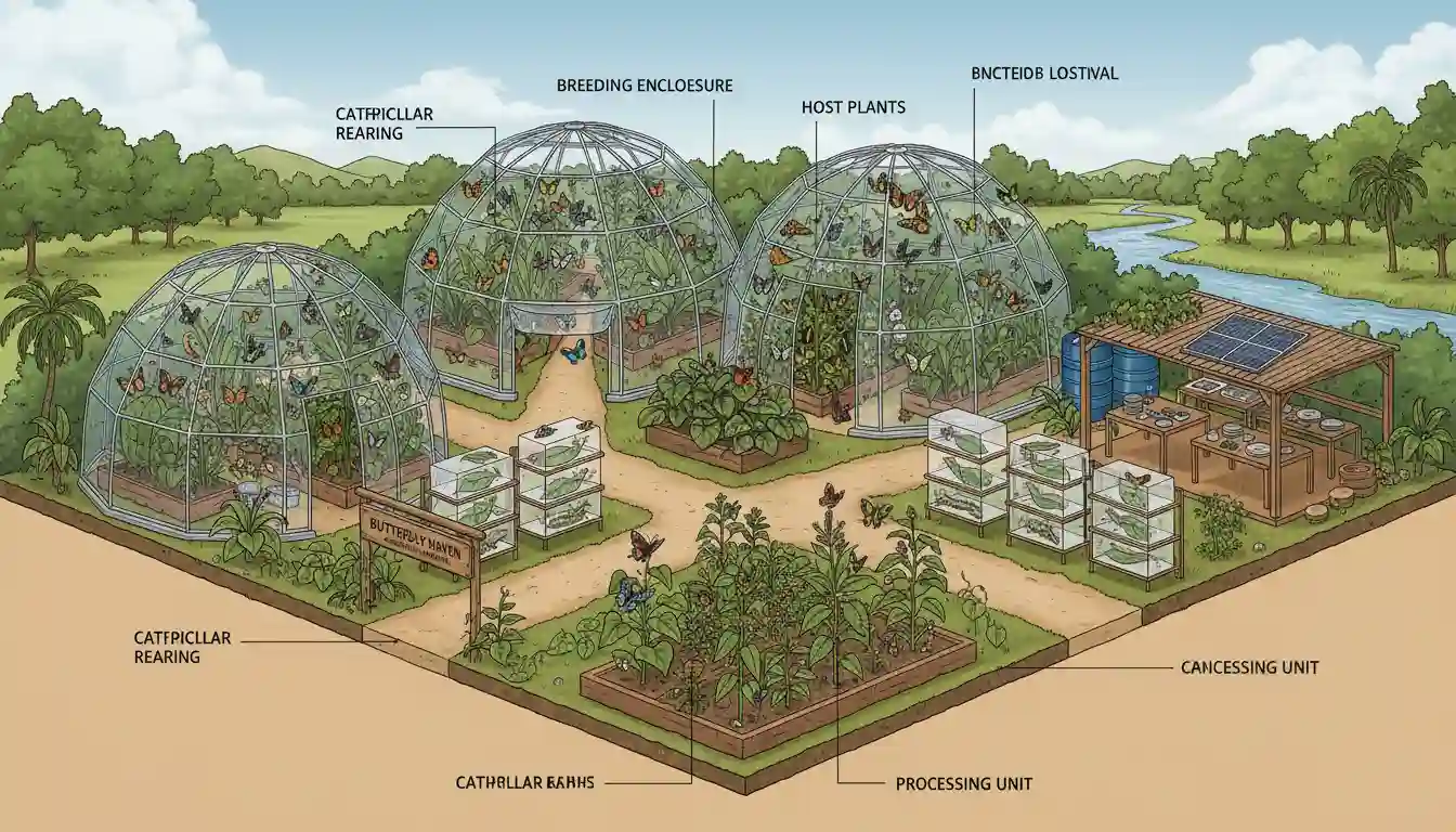 Butterfly Farming 4 Illustration of butterfly farming setup showing breeding enclosures and host plants for sustainable butterfly agriculture