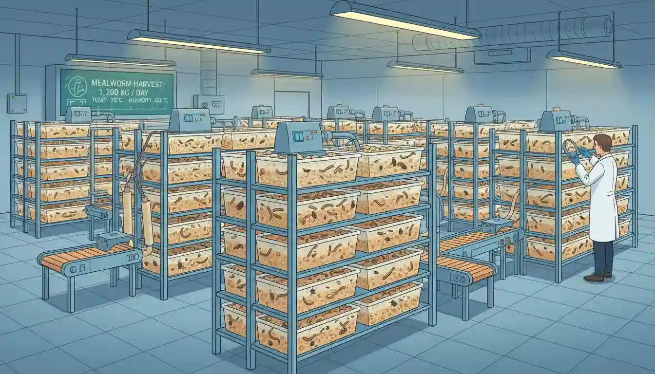 Mealworm Farming 2 Illustration of mealworms in farming containers showing scale and setup