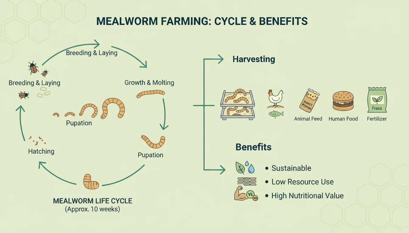 Mealworm Farming 1 Mealworm farming infographic showing production cycle and benefits