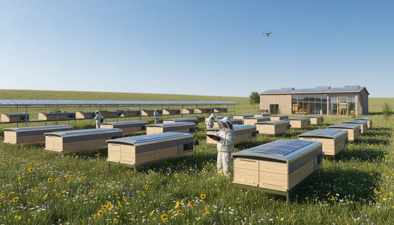 Modern bee farming operation showing sustainable apiculture practices and hive management