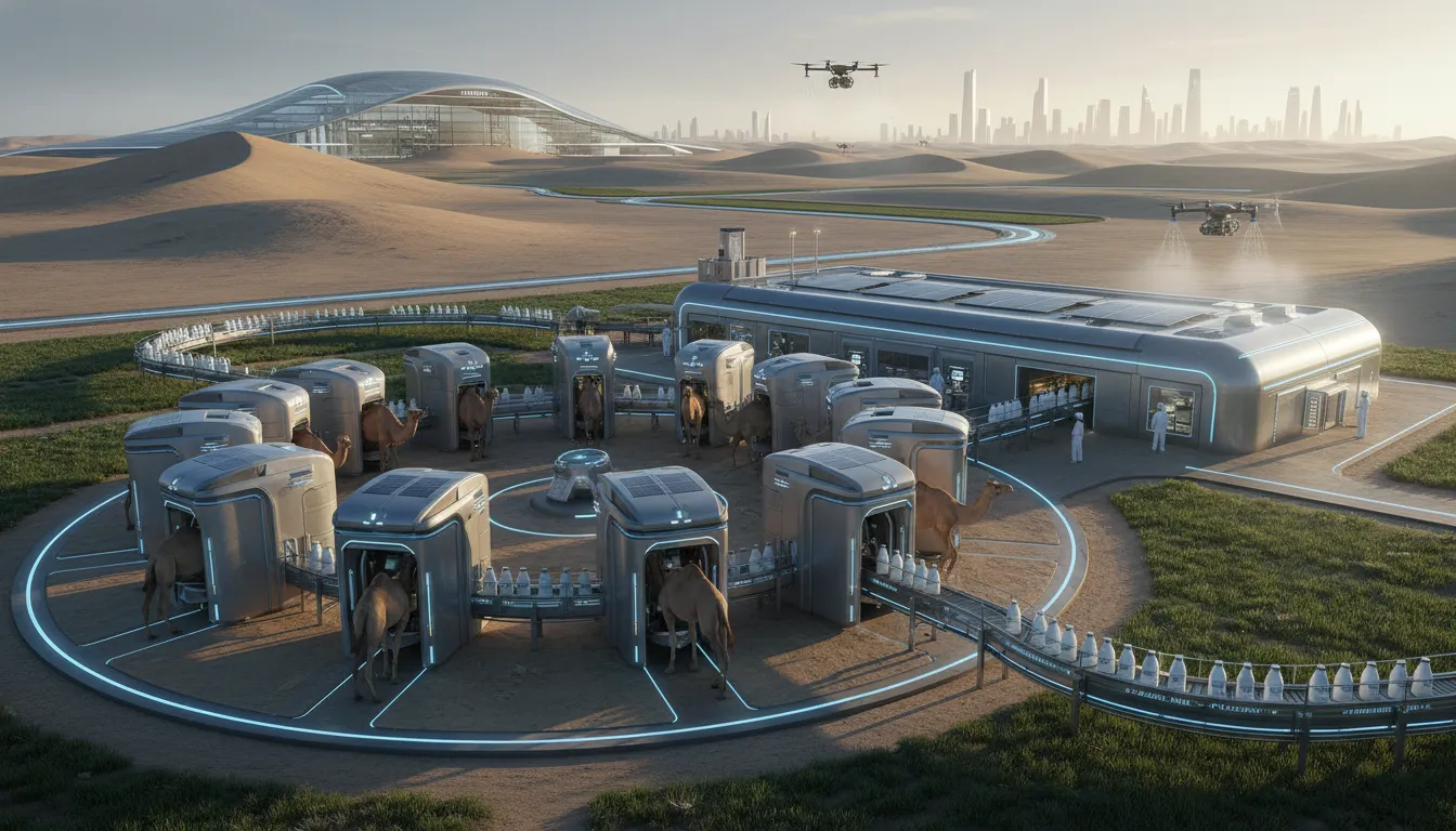 Modern camel dairy farming with milking equipment and hygienic facilities