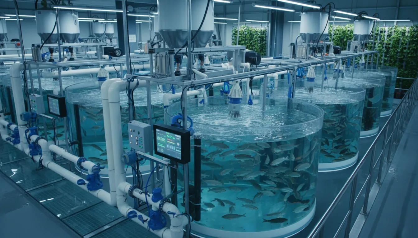 Modern fish farming operation showing aquaculture ponds and management
