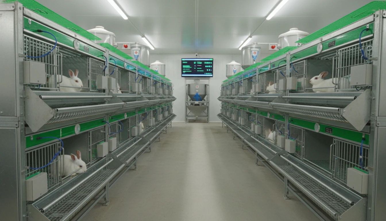 Modern rabbit farming setup with efficient housing showing organized cages and feeding systems