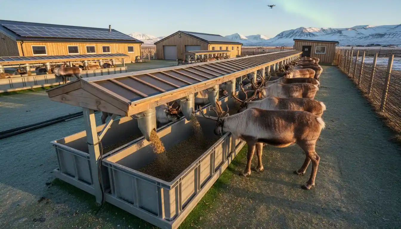 Reindeer Farming 2 Modern reindeer farming facility with feeding infrastructure for optimized reindeer farming