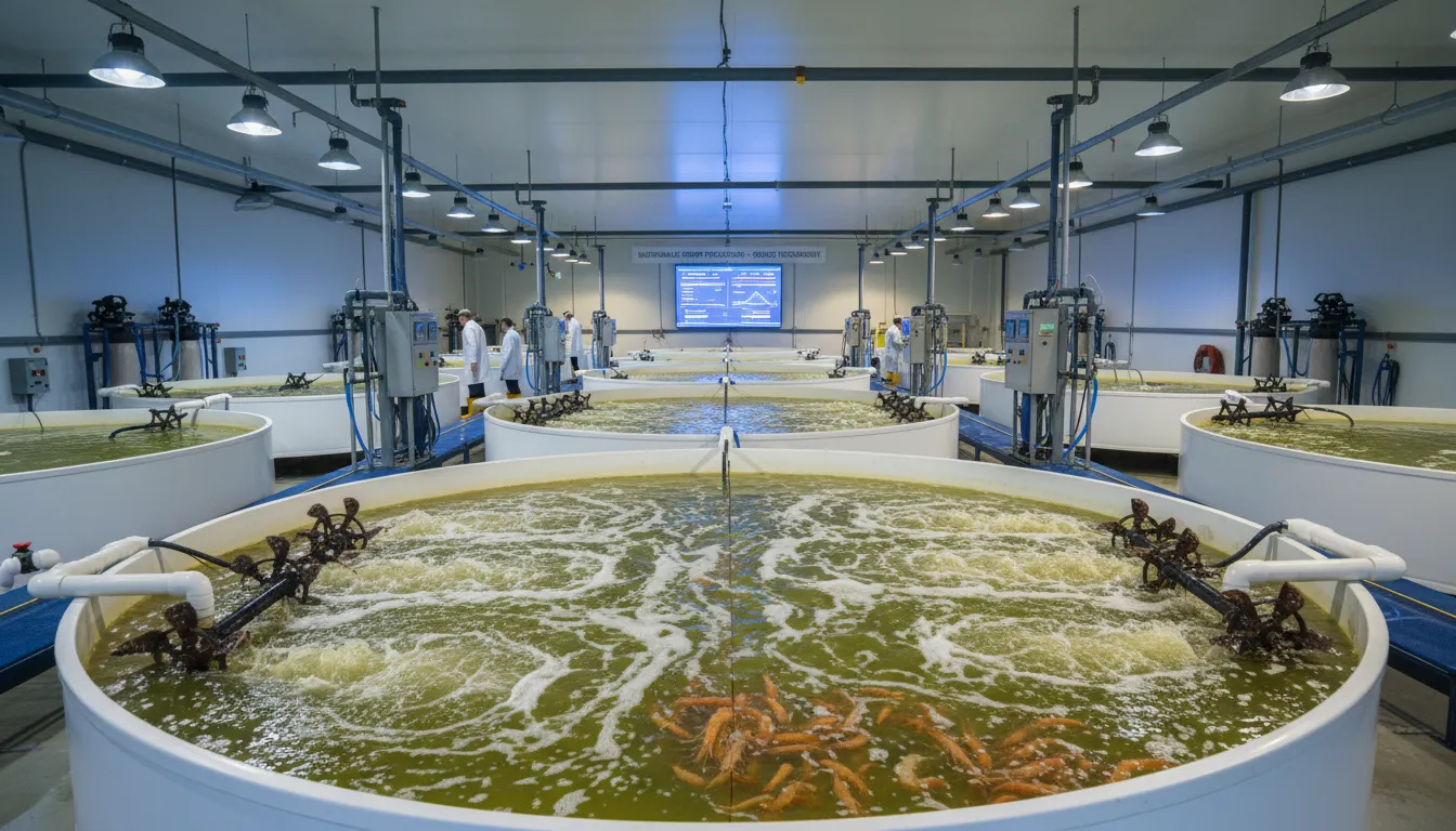 Shrimp Farming 4 Advanced shrimp farming systems showing biofloc technology and sustainable aquaculture practices in modern shrimp farming