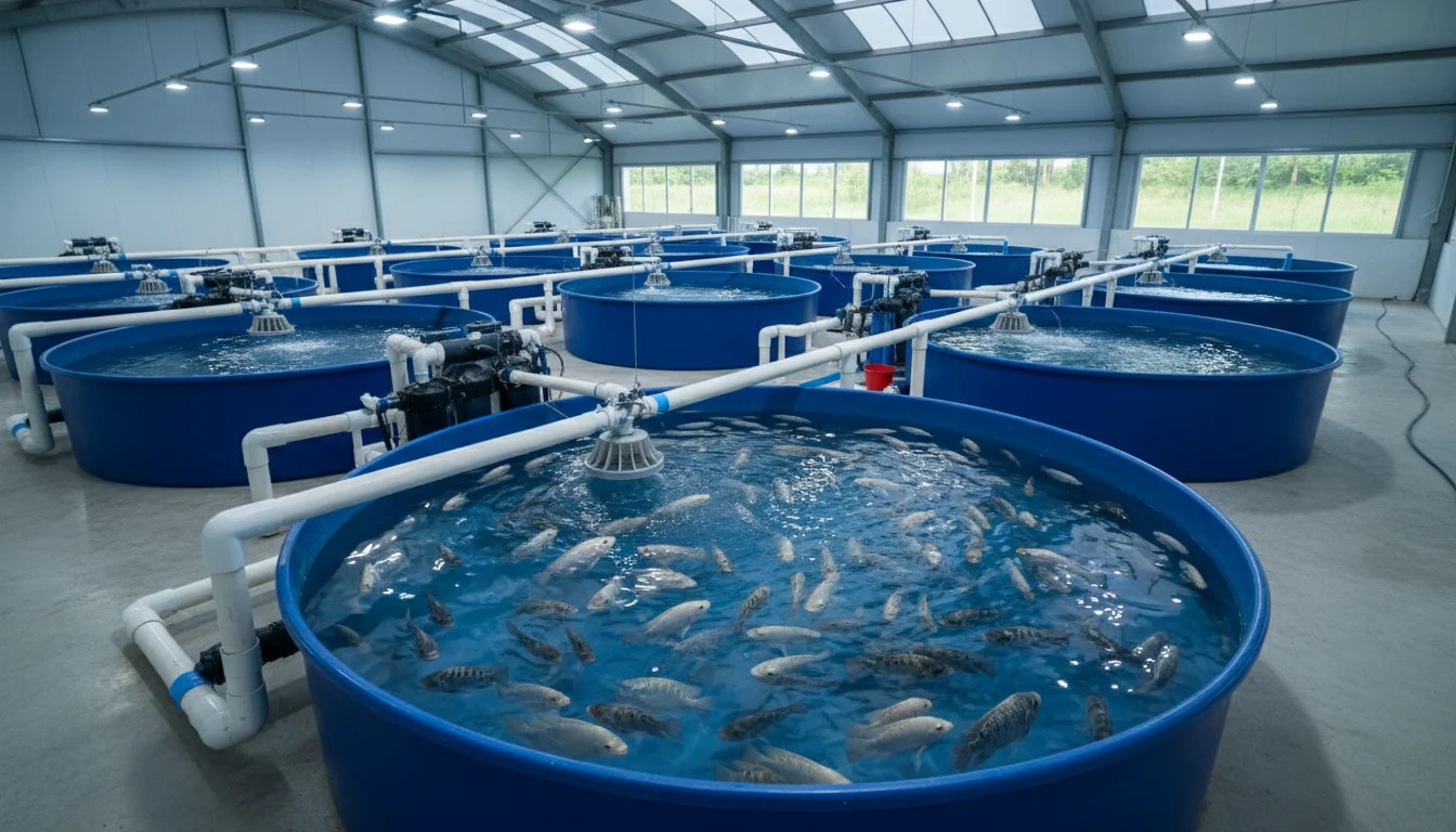 Modern tilapia farming operation showing fish in clean water tanks