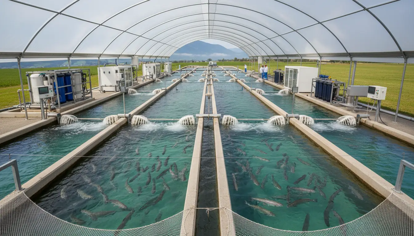 Trout Farming 1 Modern trout farming operation showing raceway systems with healthy rainbow trout