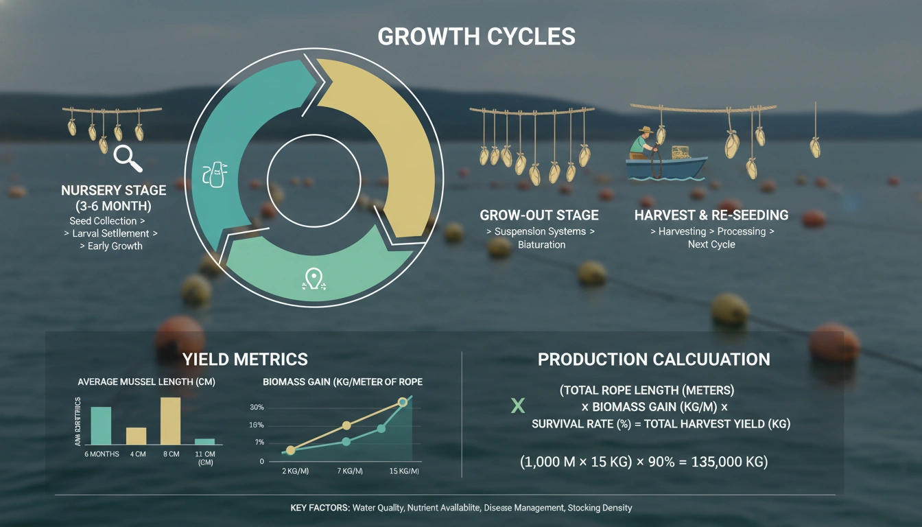 Mussel Farming 1 Mussel farming production calculation infographic showing growth cycles and yield metrics
