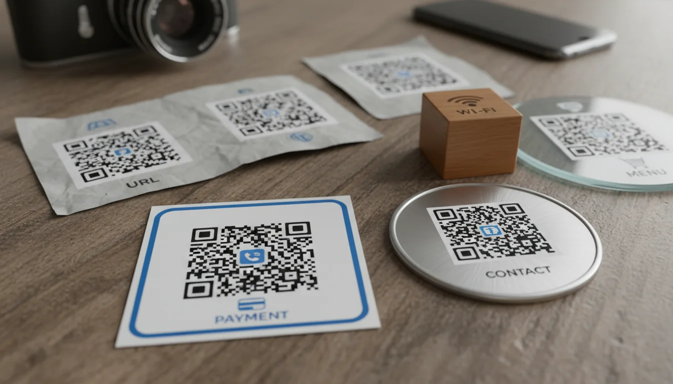 QR Code Generator 3 Illustration of different types of QR codes for various applications like payments, contacts, and URLs