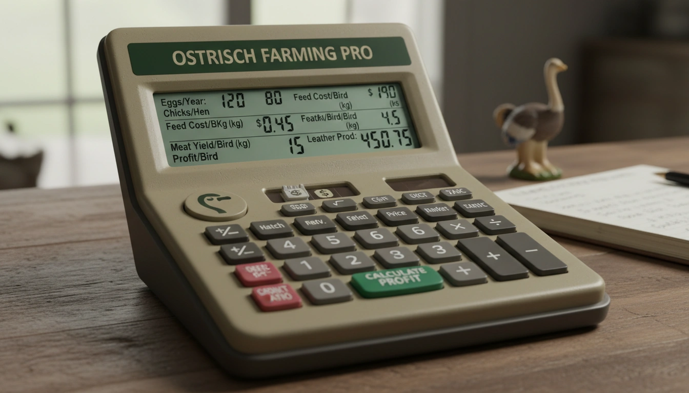 Ostrich farming calculator interface showing profit analysis dashboard