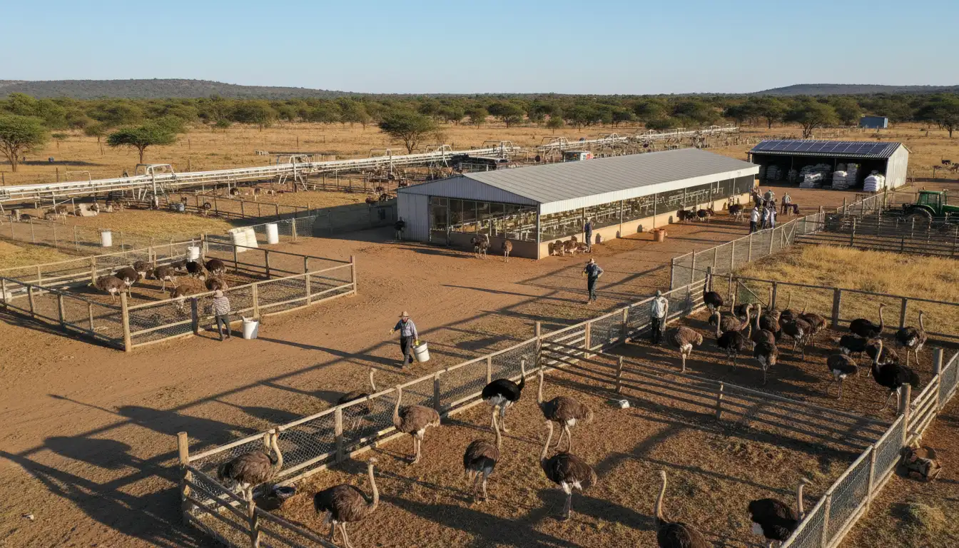 Ostrich farming setup and proper bird management in a farm environment