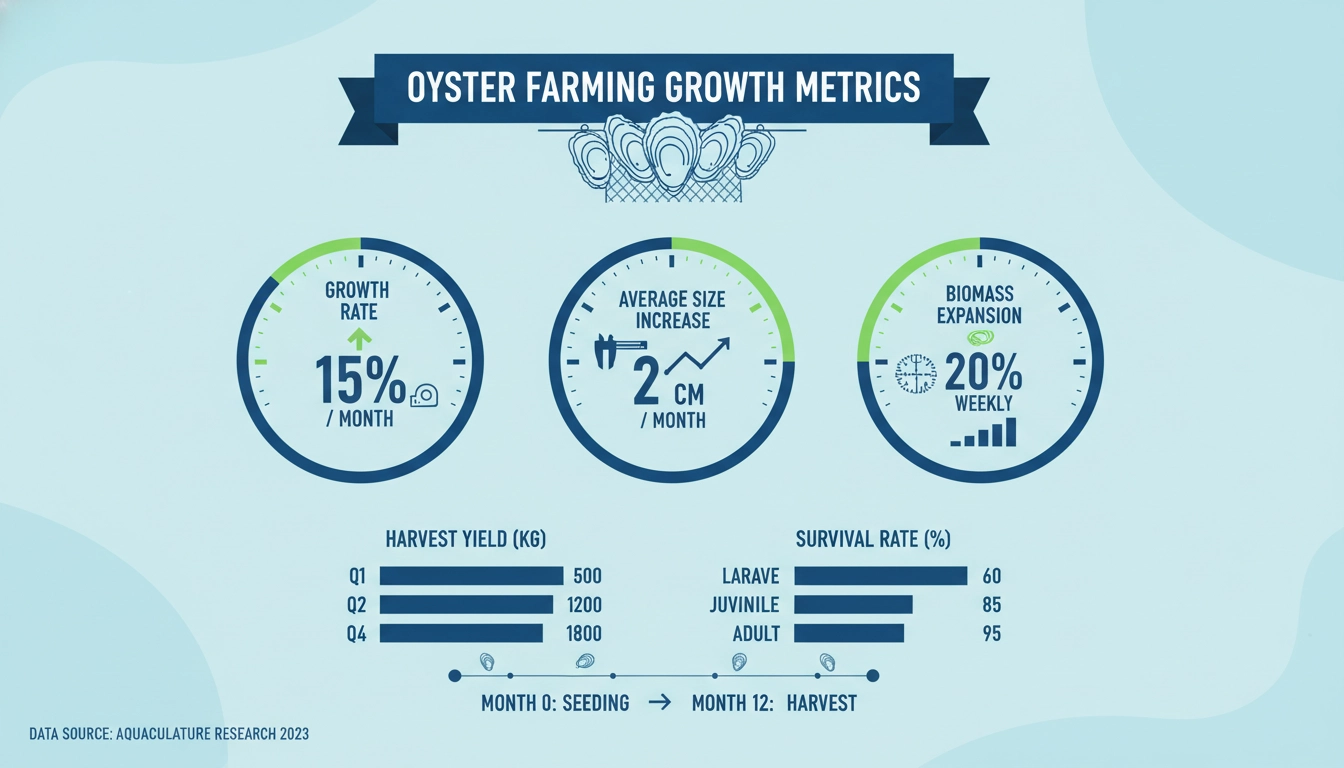 Oyster farming calculation infographic showing growth metrics