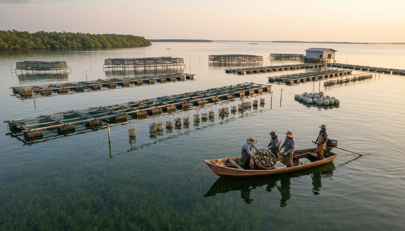 Oyster farming operations showing sustainable aquaculture techniques