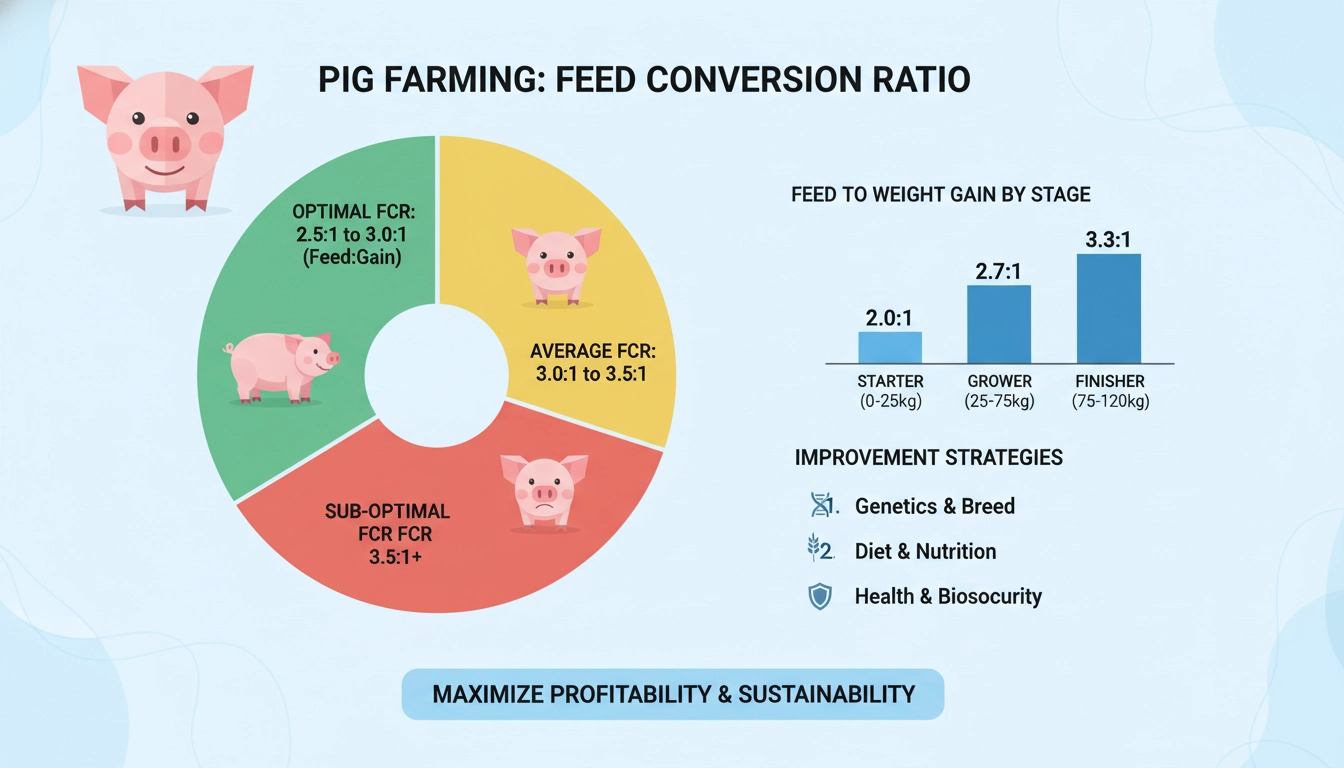 Pig Farming 1 Pig farming feed conversion ratio infographic showing optimal feed to weight gain ratios
