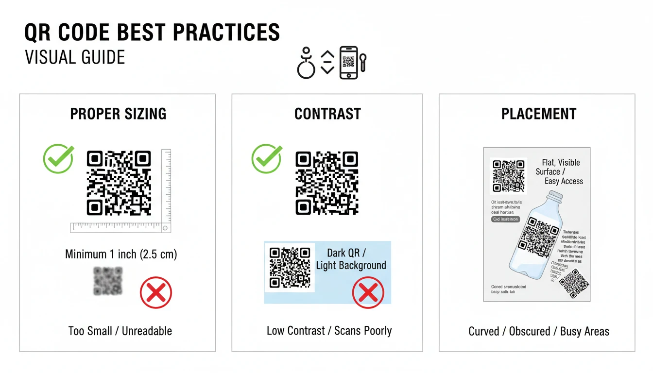 QR code best practices visual guide showing proper sizing, contrast, and placement