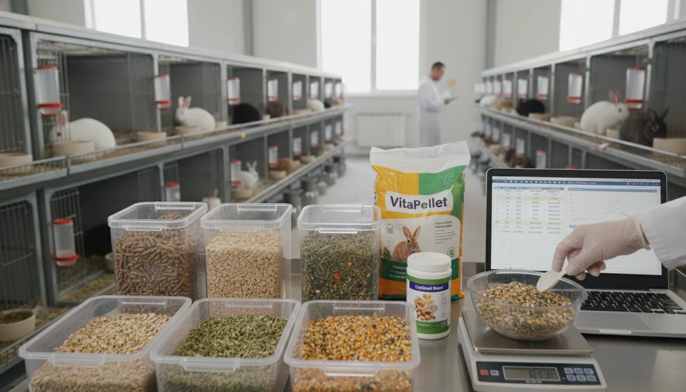 Rabbit farming nutrition and feed management showing proper rabbit diet formulation for optimal growth and production efficiency