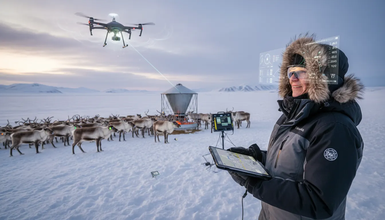 Reindeer Farming 3 Reindeer farming expert monitoring herd health with technology assisted reindeer farming tools