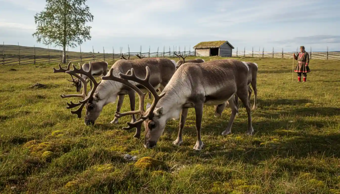 Reindeer herd grazing in natural pasture showing sustainable reindeer farming practices